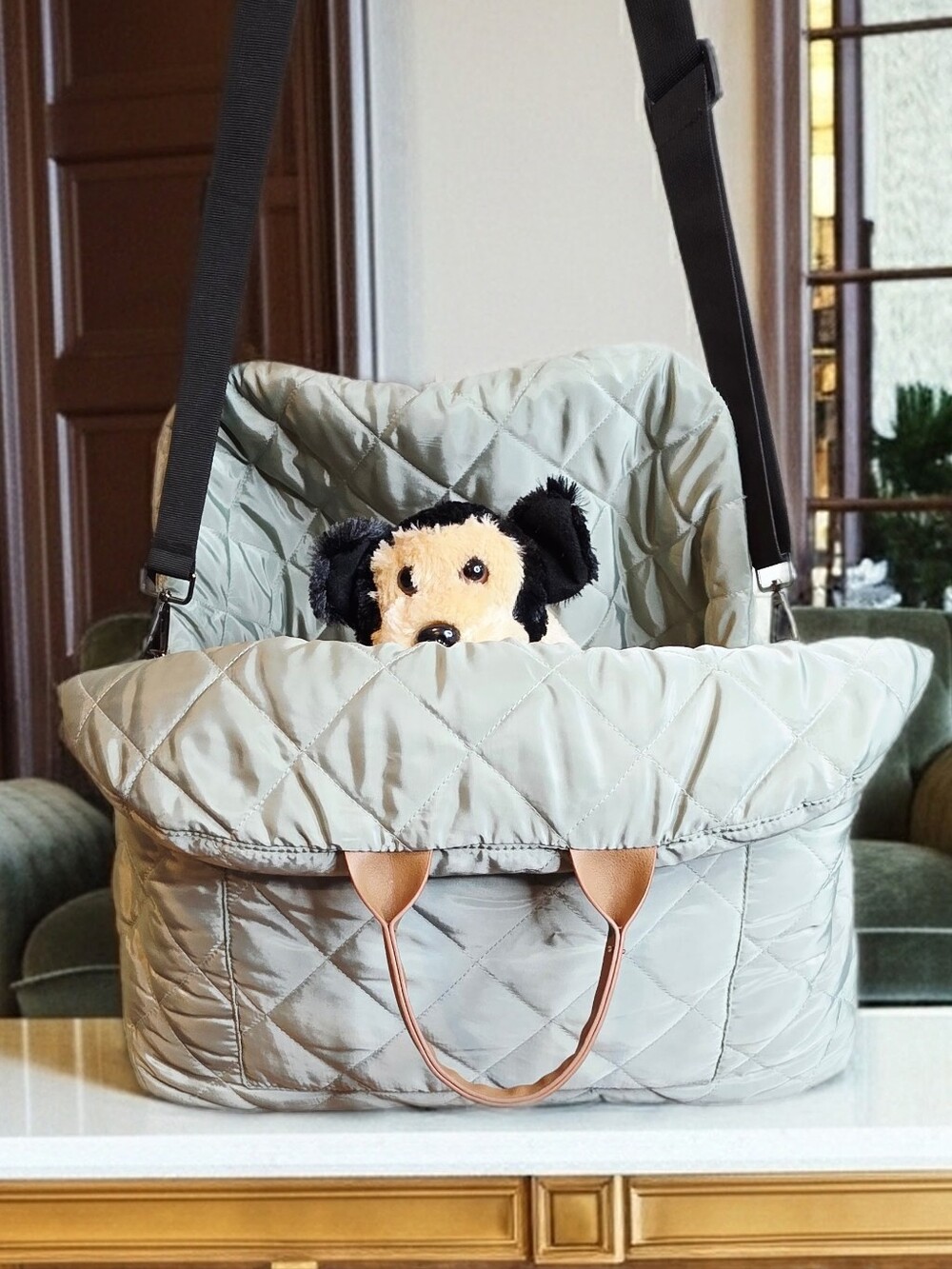 Quilted Portable Dog Carrier Bag in Light Gray - Comfortable Pet Travel Bed